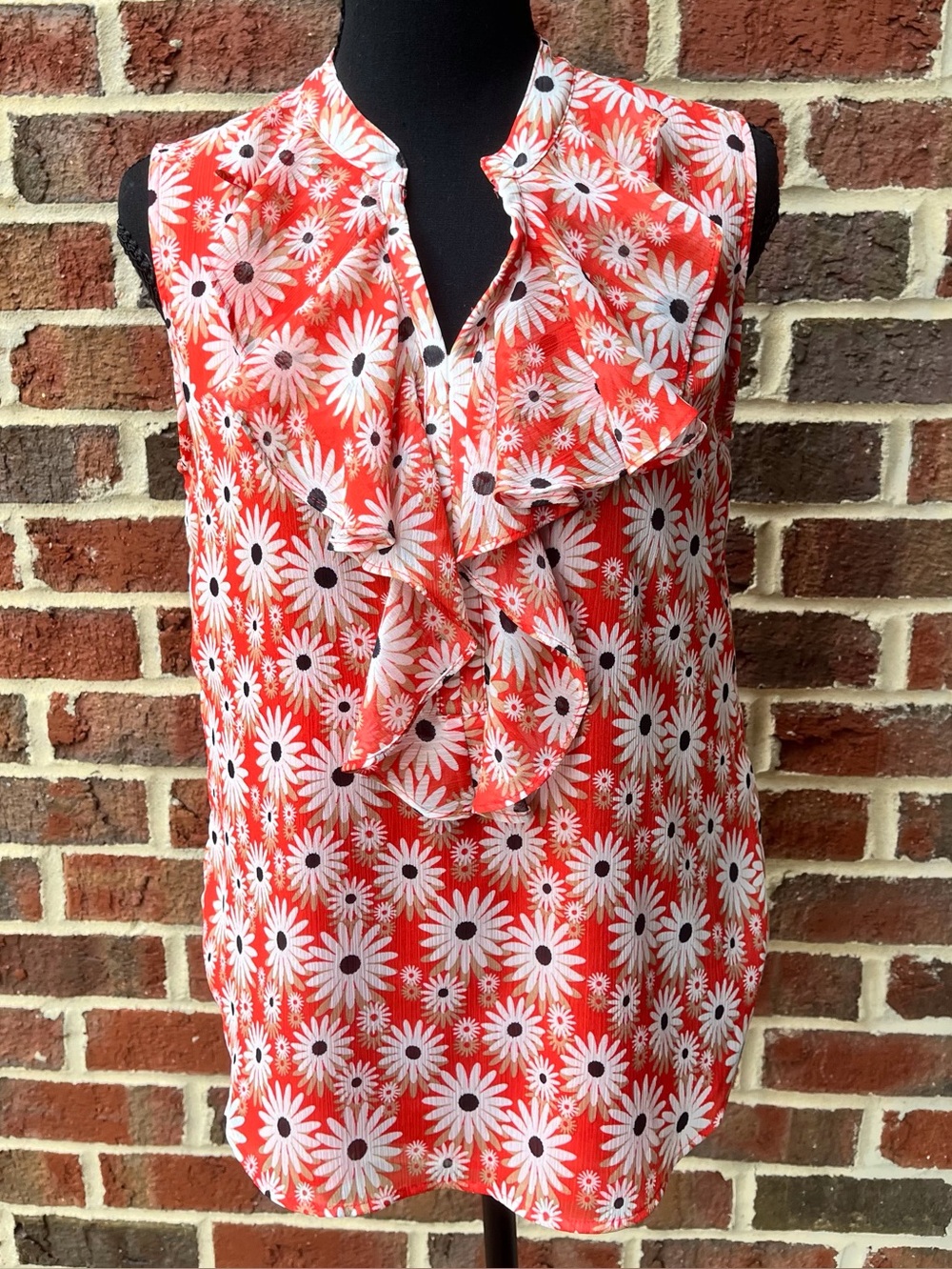 Tommy Hilfiger Orange & White Daisy Floral Top w cascading ruffles - Small